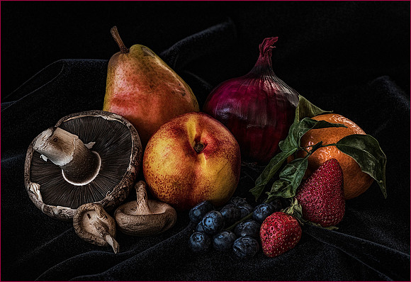 still life with fruit and mushrooms